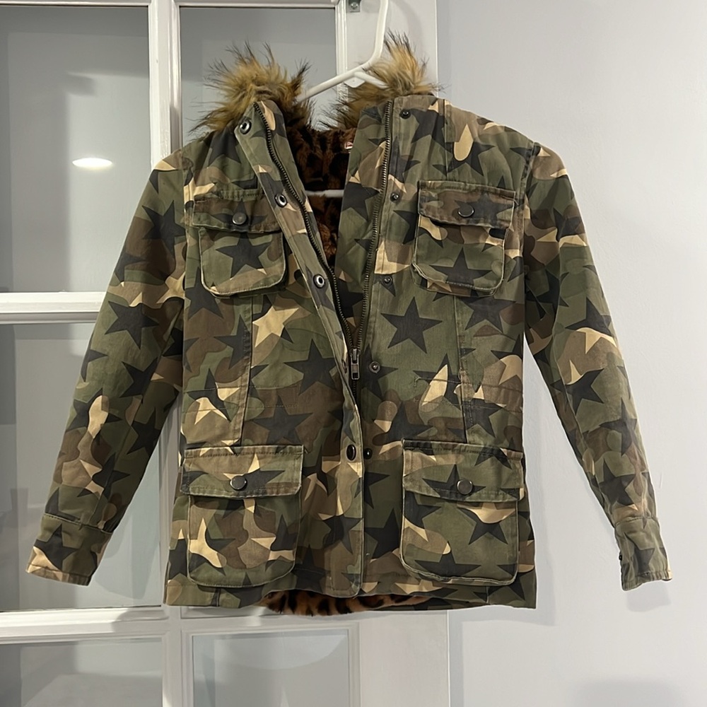 Vintage Havana Jacket- Cool Camo with fluffy Cheetah Fur inside!